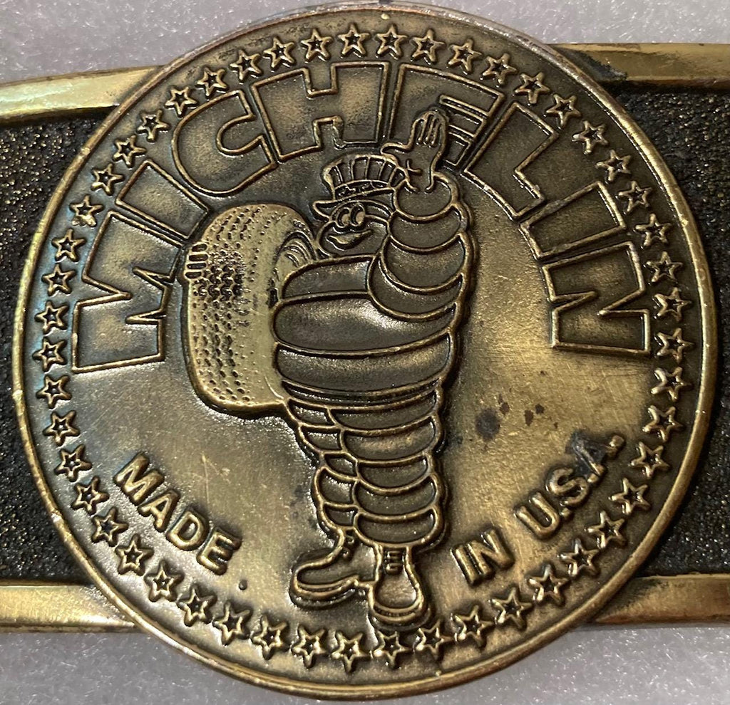 Vintage 1976 Metal Belt Buckle, Brass, Michelin Tires, Auto, Cars, Nice Western Design,  3 1/4" x 2 1/4", Heavy Duty, Quality