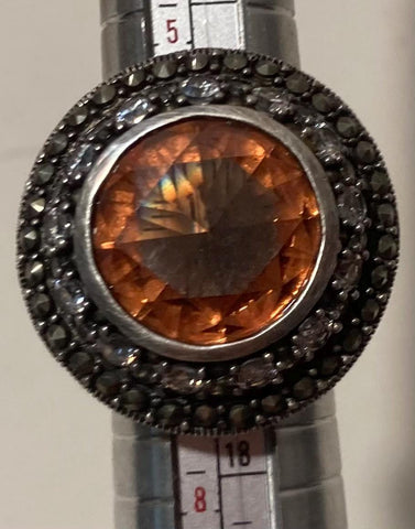 Vintage Sterling Silver Ring, Nice Big Size, Orange Sparkly Stones with Lots of Little Sparkly Stones, Size 6 1/2, Nice Design, Quality