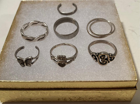 Vintage Lot of 7 Sterling Silver Rings, Assorted Sizes and Styles, Nice Designs, Quality, Jewelry, Accessory, Stamped 925