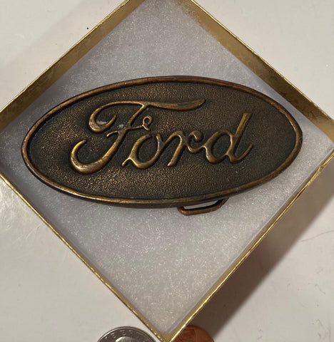 Vintage 1976 Metal Belt Buckle, Brass, Ford, Cars, Trucks, Automobiles, Nice Western Design, 4&quot; x 2&quot;, Heavy Duty, Made in USA, Quality