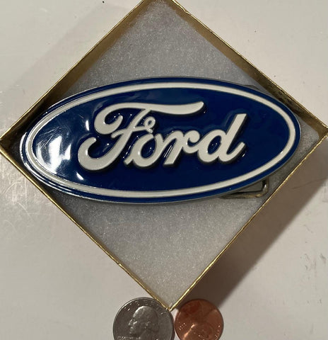 Vintage Metal Belt Buckle, Blue and White, Ford, Cars, Trucks, Automobiles, Nice Western Design, 4 1/2&quot; x 2&quot;, Heavy Duty, Quality