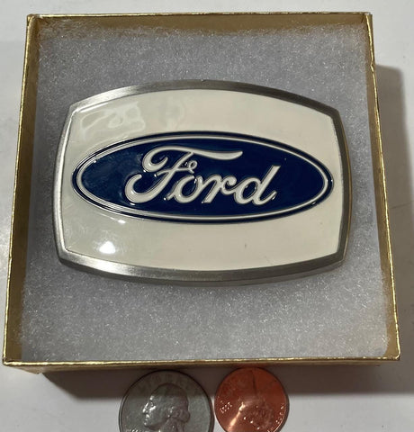 Vintage Metal Belt Buckle, Ford, White and Blue, Ford, Cars, Trucks, Automobiles, Nice Western Design, 3&quot; x 2 1/4&quot;, Heavy Duty, Quality