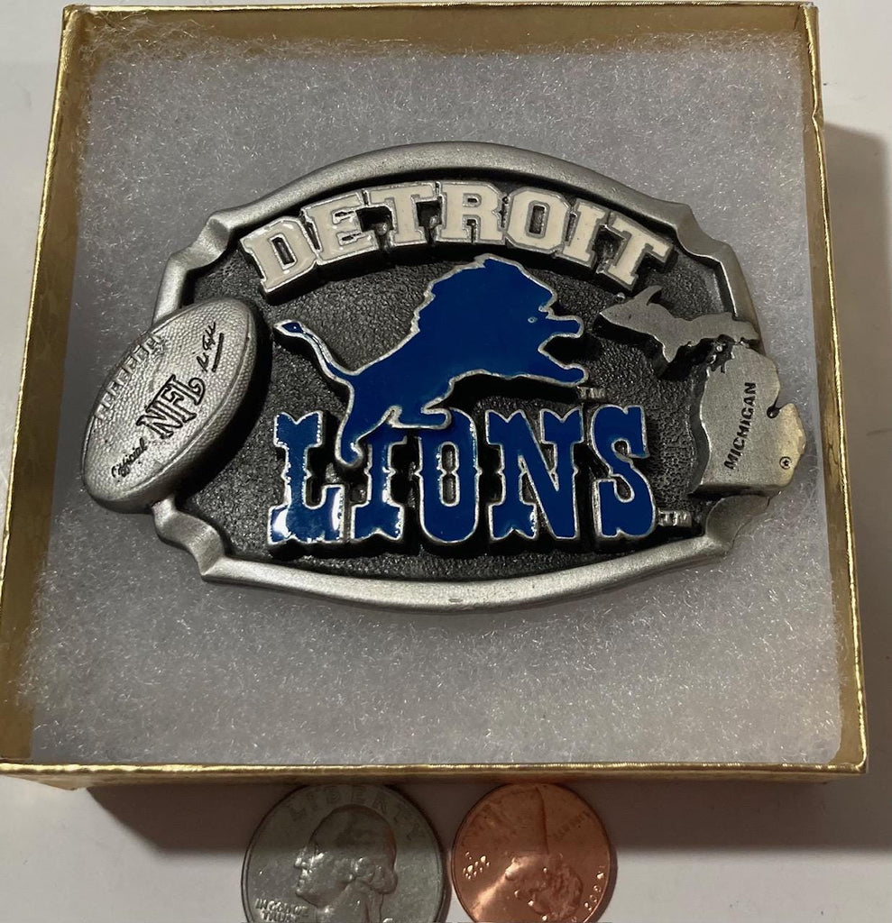 Vintage Metal Belt Buckle, Detroit Lions, Football, NFL, Michigan, Doing Great This Year, Nice Western Design, 3 1/4&quot; x 2 1/4&quot;, Heavy Duty