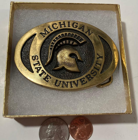 Vintage 1976 Metal Belt Buckle, Brass, Michigan State University, Nice Western Design, 3 1/4&quot; x 2 1/2&quot;, Heavy Duty, Quality, Made in USA