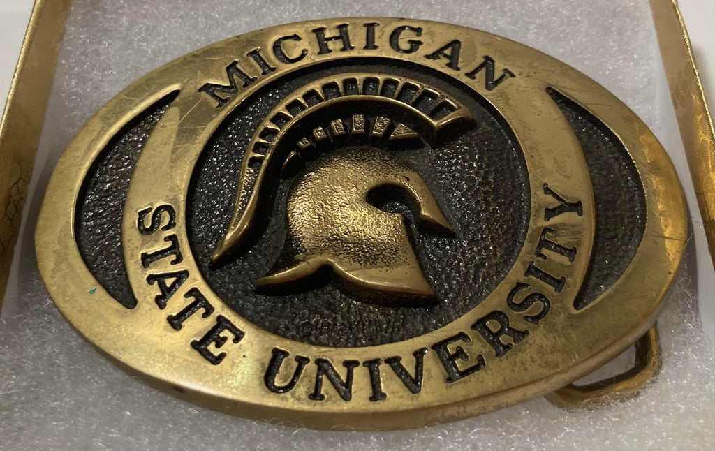 Vintage 1976 Metal Belt Buckle, Brass, Michigan State University, Nice Western Design, 3 1/4&quot; x 2 1/2&quot;, Heavy Duty, Quality, Made in USA