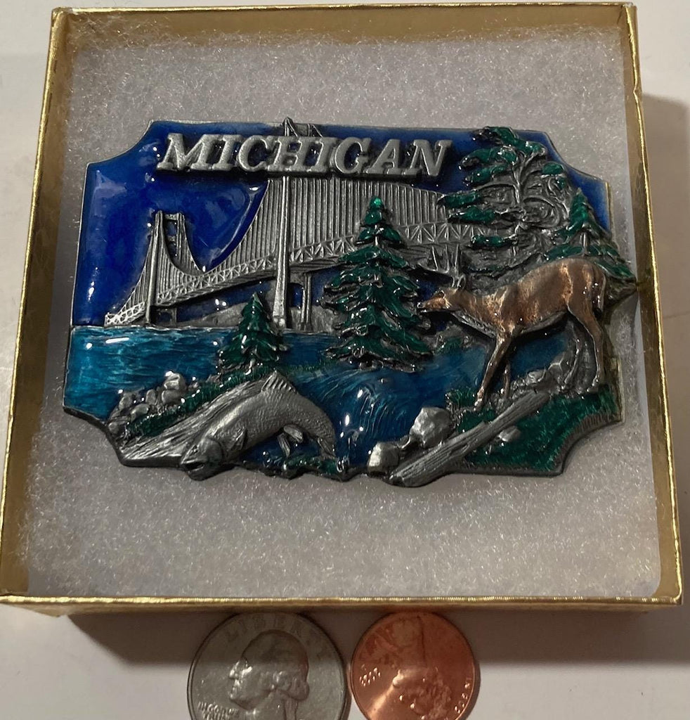 Vintage 1989 Metal Belt Buckle, Michigan, Mackinac Bridge, Deer, Upper Peninsula, Nice Western Design, 3 1/4&quot; x 2 142&quot;, Heavy Duty