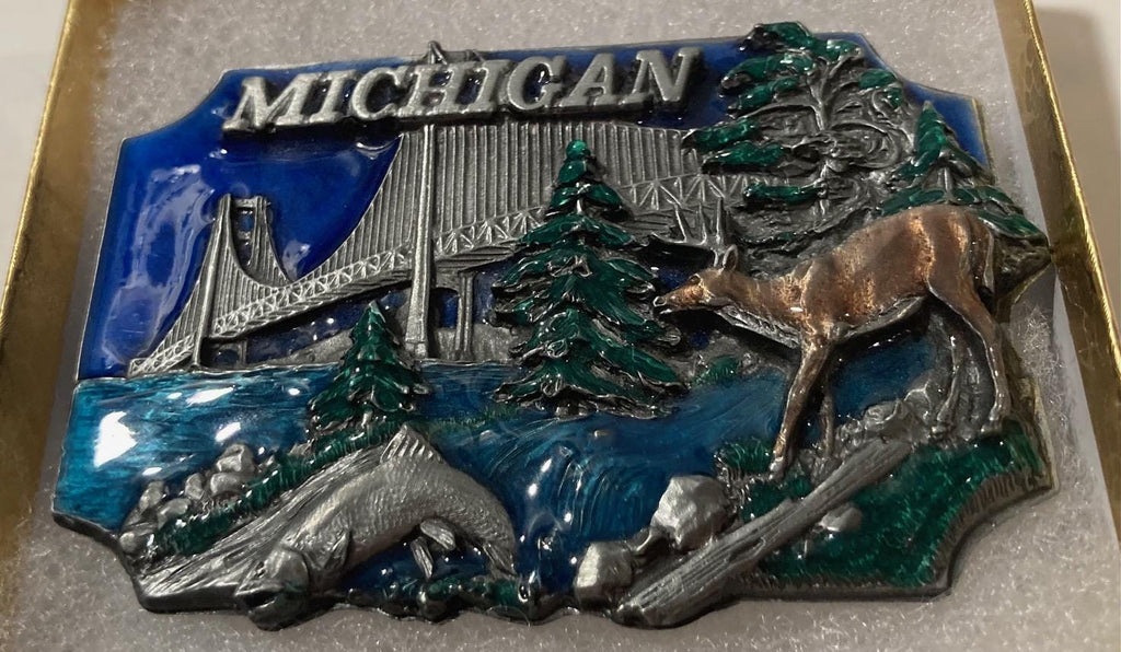 Vintage 1989 Metal Belt Buckle, Michigan, Mackinac Bridge, Deer, Upper Peninsula, Nice Western Design, 3 1/4&quot; x 2 142&quot;, Heavy Duty