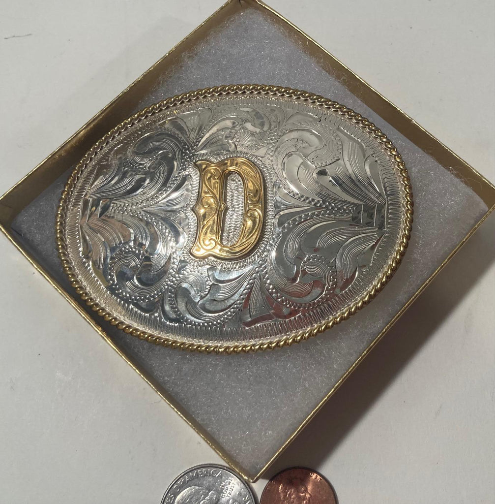 Vintage Metal Belt Buckle, Silver and Brass, Initial D, Letter D, Justin, Nice Western Design, 3 1/2&quot; x 2 3/4&quot;, Heavy Duty, Made in USA