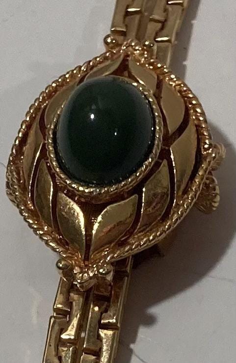 Vintage Metal Bolo Tie, Nice Brass with Nice Dark Green Stone, Sarah, Nice Western Design, 1&quot; x 3/4&quot;, Quality, Heavy Duty, Made in USA