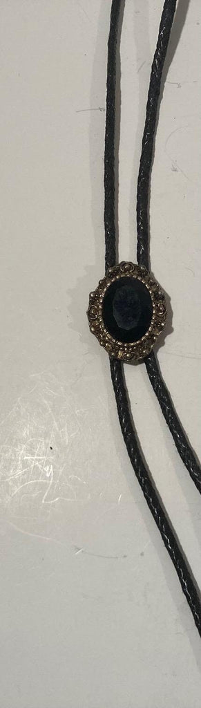 Vintage Metal Bolo Tie, Silver and Black Onyx Stone, Nice Western Design, 1 1/2&quot; x 1 1/4&quot;, Quality, Heavy Duty, Made in USA, Country