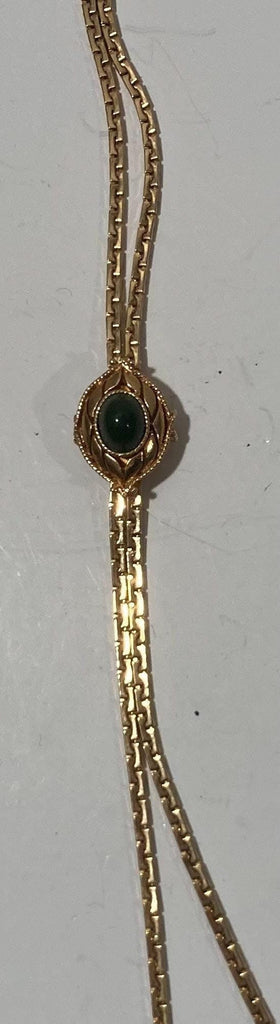 Vintage Metal Bolo Tie, Nice Brass with Nice Dark Green Stone, Sarah, Nice Western Design, 1&quot; x 3/4&quot;, Quality, Heavy Duty, Made in USA