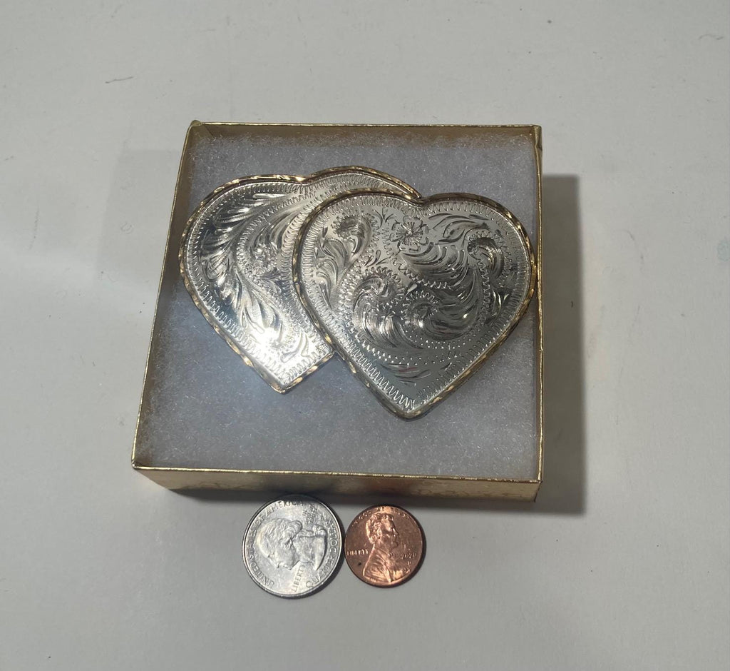 Vintage Metal Belt Buckle, Silver and Brass, Double Hearts, Nice Western Design, 3 1/2&quot; x 2 1/2&quot;, Heavy Duty, Made in USA, Quality