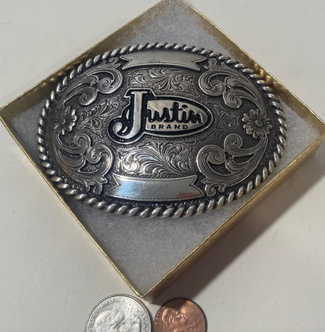 Vintage Metal Belt Buckle, Justin, Nice Western Design, 4&quot; x 3&quot;, Heavy Duty, Quality, Thick Metal, For Belts, Fashion, Shelf Display