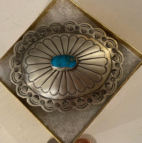 Vintage Metal Belt Buckle, Nice Silver with Blue Turquoise Stone Design, Nice Western Design, 3 3/4&quot; x 3&quot;, Heavy Duty, Quality, Thick Metal