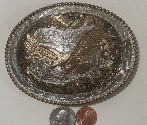 Vintage Metal Belt Buckle, Big Size, Silver and Brass, American Bald Eagle, Silversmiths Collection, Nice Western Design