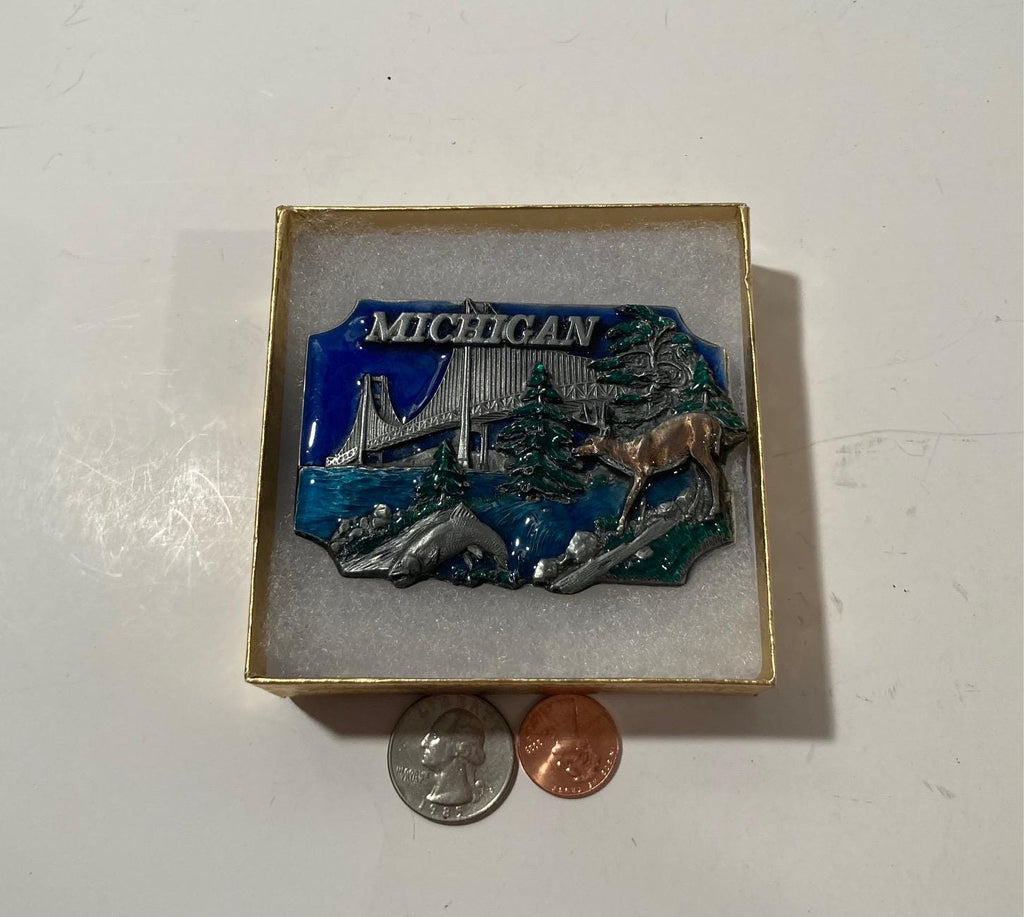 Vintage 1989 Metal Belt Buckle, Michigan, Mackinac Bridge, Deer, Upper Peninsula, Nice Western Design, 3 1/4&quot; x 2 142&quot;, Heavy Duty