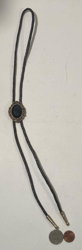 Vintage Metal Bolo Tie, Silver and Black Onyx Stone, Nice Western Design, 1 1/2&quot; x 1 1/4&quot;, Quality, Heavy Duty, Made in USA, Country