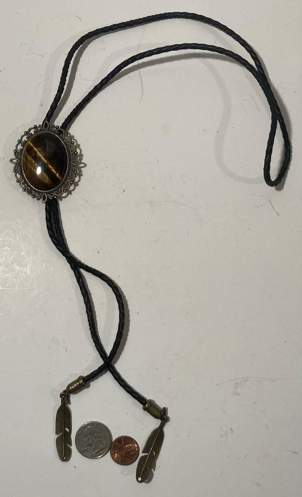 Vintage Metal Bolo Tie, Nice Brass with Nice Brown Striped Stone Design, Nice Western Design, 2 1/4&quot; x 1 3/4&quot;, Quality, Heavy Duty