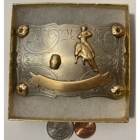 Vintage Metal Belt Buckle, Nickel Silver and Brass, Barrel Racing Horse, Rodeo,