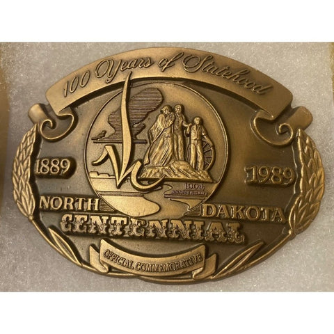 Vintage 1989 Metal Belt Buckle, Brass, North Dakota Centennial, Nice Design