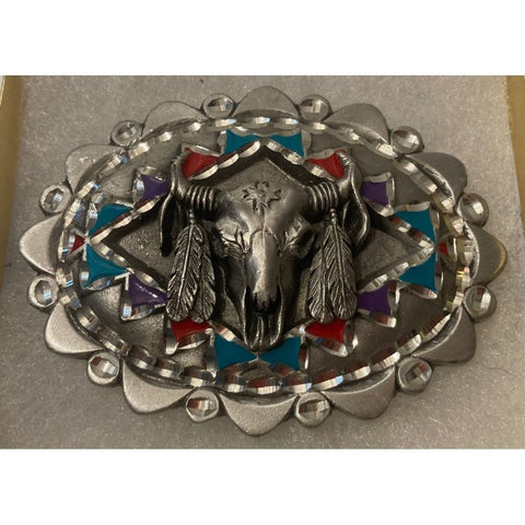 Vintage 1996 Metal Belt Buckle, Nice Native Design Style, Cow Skull,