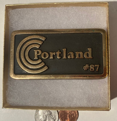 Vintage 1987 Metal Belt Buckle, Brass, Portland, #87, Nice Design, 3 1/4" x 1 3/4", Heavy Duty, Quality, Thick Metal, Made in USA, For Belts