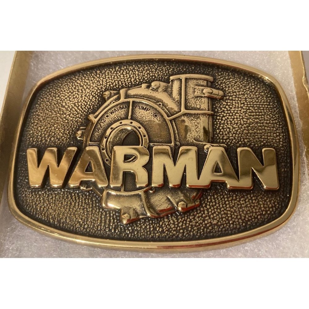 Vintage 1983 Metal  Belt Buckle, Brass, Warman, Pumps, 3 1/4", x 2 1/2",