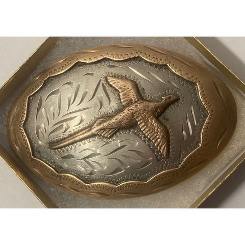 Vintage Metal Belt Buckle, Silver and Brass, Western Flair, Colorado, Pheasant