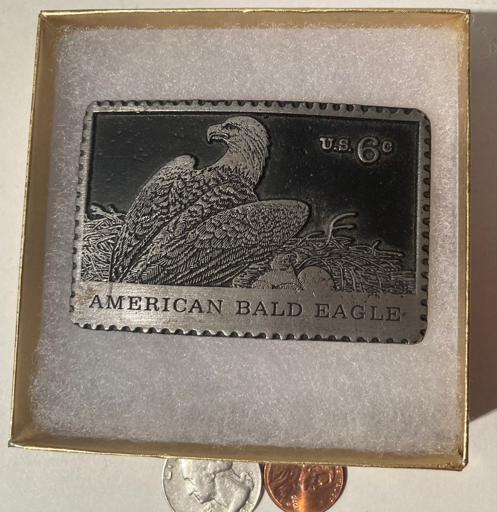 Vintage Metal Belt Buckle, American Bald Eagle, 6 Cents Postage, Stamp, Nice Design, 3" x 2", Heavy Duty, Quality, Thick Metal, Made in USA