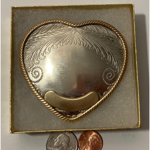 Vintage Metal Belt Buckle, German Silver and Brass, Heart Shape