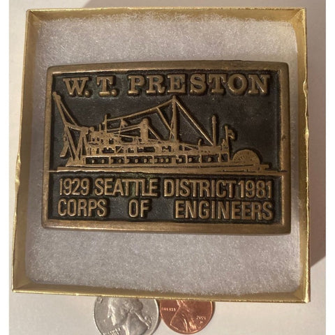 Vintage 1981 Metal Belt Buckle, W. T. Preston, Bronze, Seattle District,