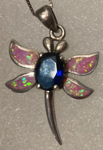 Vintage Sterling Silver Necklace, Nice Butterfly, Dragon Fly, Nice Colorful Stones, Nice Design, Quality, Jewelry, 0940, Accessory, 925