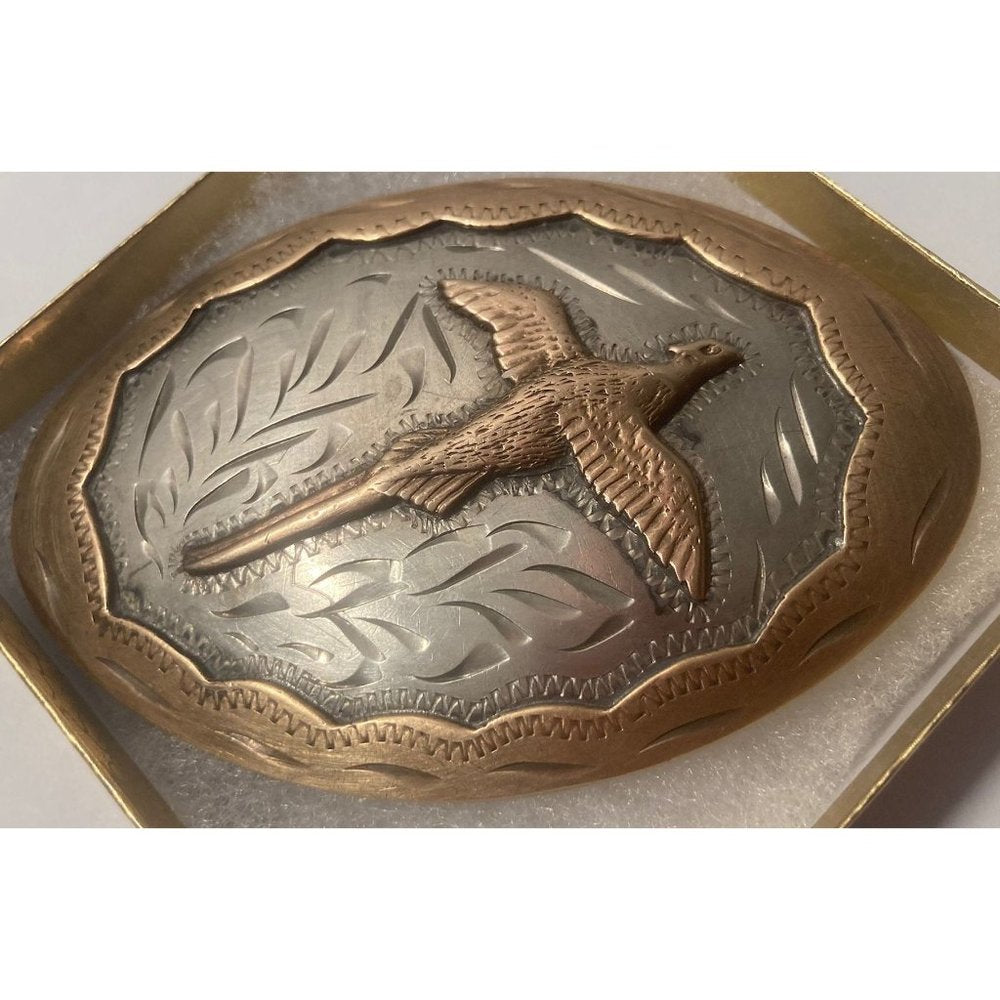 Vintage Metal Belt Buckle, Silver and Brass, Western Flair, Colorado, Pheasant