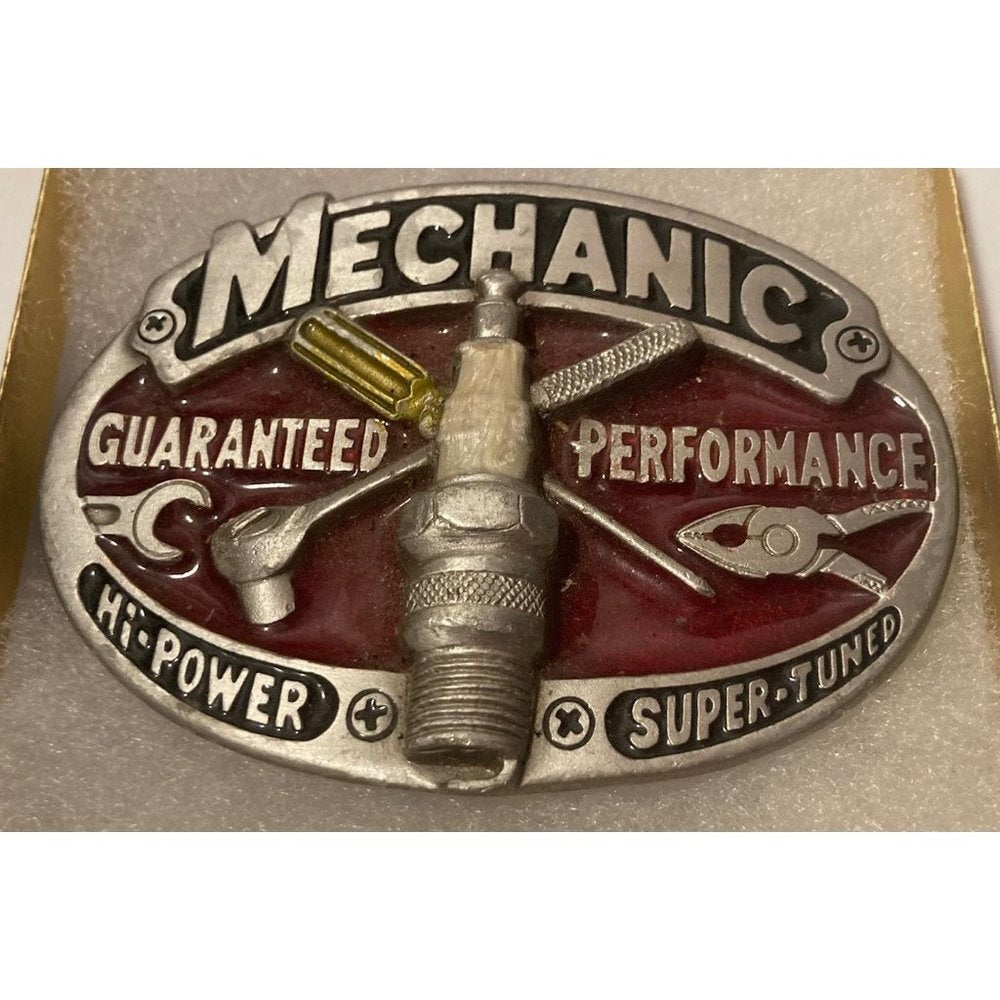 Vintage 1982 Metal Belt Buckle, Mechanic, Guaranteed Performance,