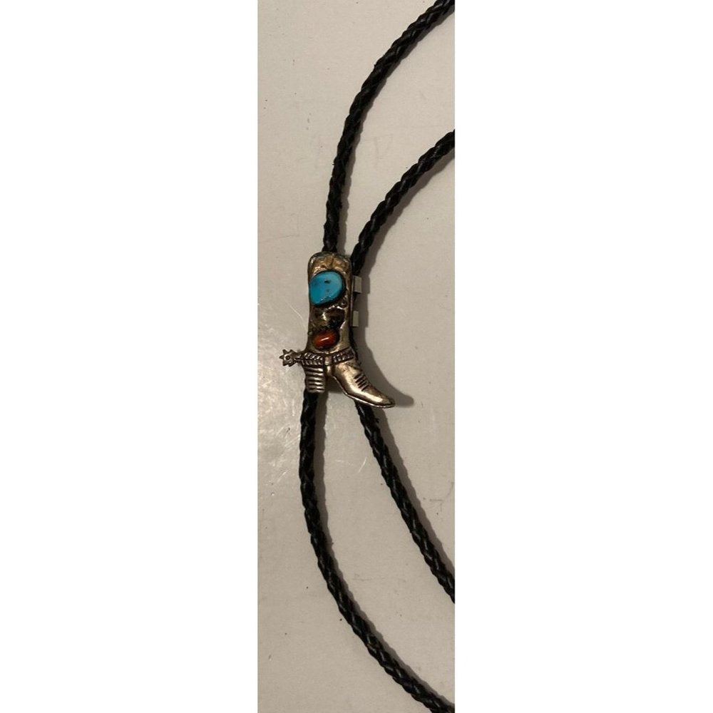 Vintage Metal Bolo Tie, Silver and Red and Blue Turquoise Stones Design,