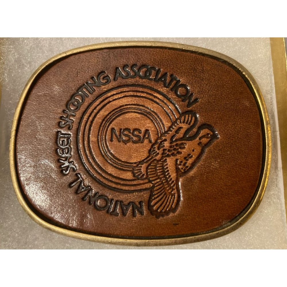 Vintage Metal Belt Buckle, Leather and Brass, National Skeet Shooting Associati