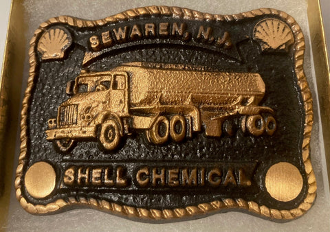 Vintage Metal Belt Buckle, Brass, Shell Chemical, Sewaren, New Jersey, Tanker, Oil, Petroleum, Gas, Nice Design, 3 1/4" x 2 1/2", Heavy Duty