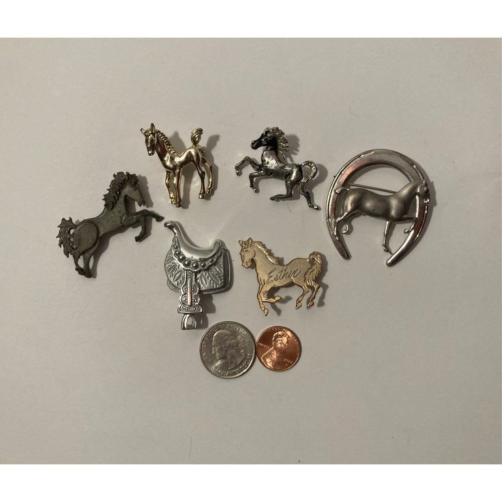 6 Vintage  Metal Horse Broaches, Pins, Western Style, Saddle, Quality,