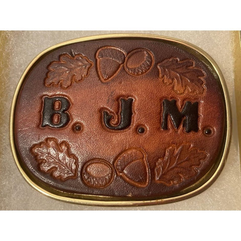 Vintage Metal Belt Buckle, Leather, Brass, B.J.M., Hand Tooled, Acorns, Leaves,