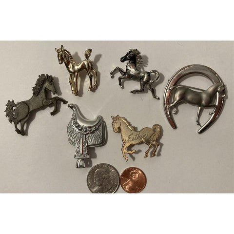 6 Vintage  Metal Horse Broaches, Pins, Western Style, Saddle, Quality,