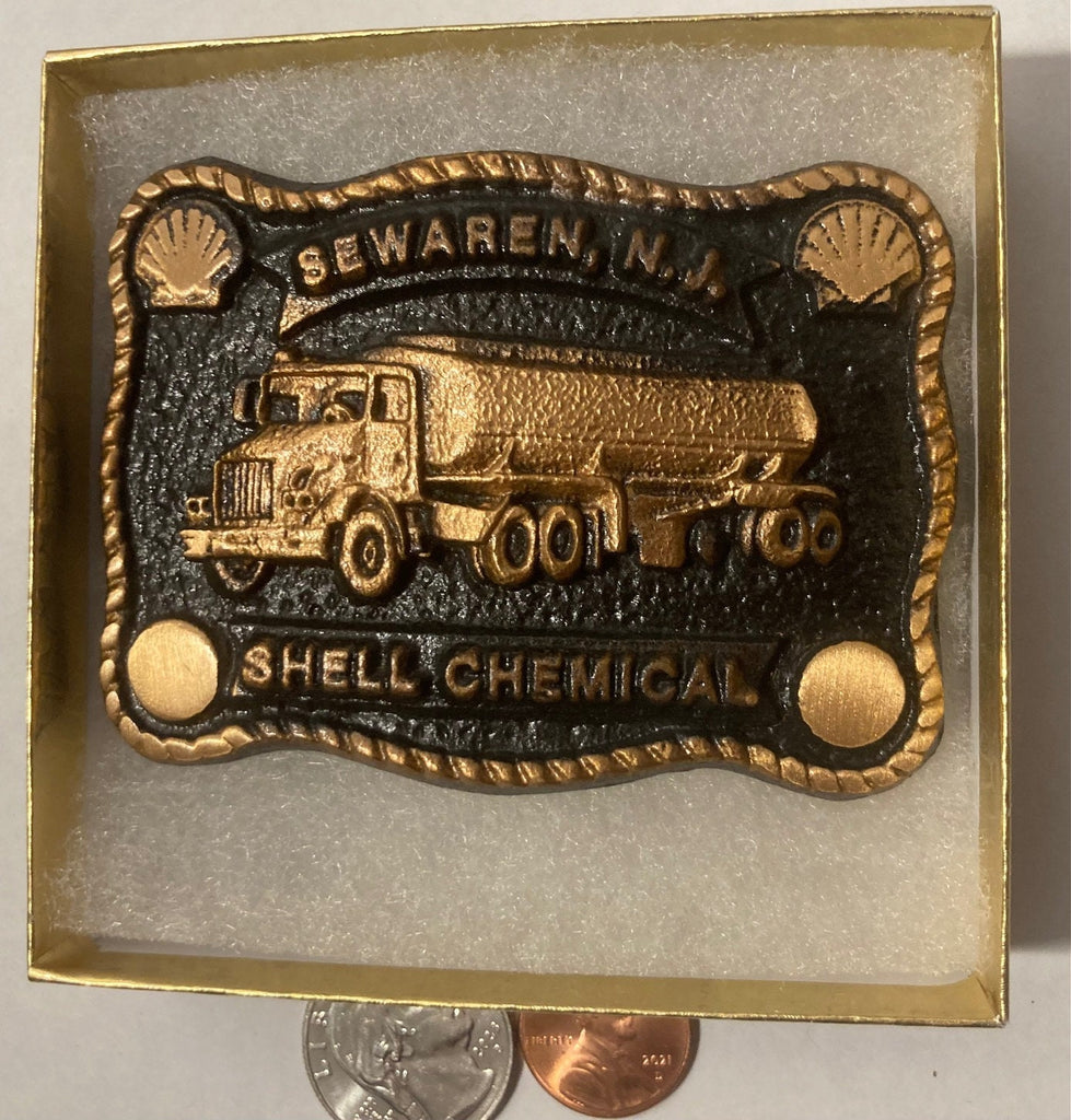 Vintage Metal Belt Buckle, Brass, Shell Chemical, Sewaren, New Jersey, Tanker, Oil, Petroleum, Gas, Nice Design, 3 1/4" x 2 1/2", Heavy Duty