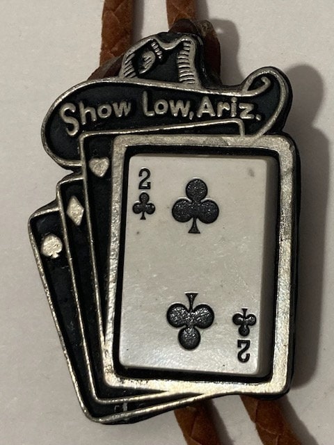 Vintage Metal Bolo Tie, Cards, Poker, Gambling,Slow Low Arizona, Nice Western Design, 2" x 1 1/2", Quality, Heavy Duty