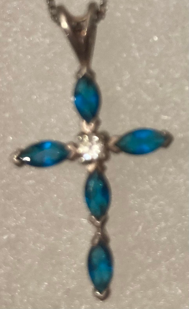 Vintage Sterling Silver Necklace, Nice Cross, Crucifix with Nice Blue and Clear Sparkly Stones Design, Nice Design, Quality, Jewelry