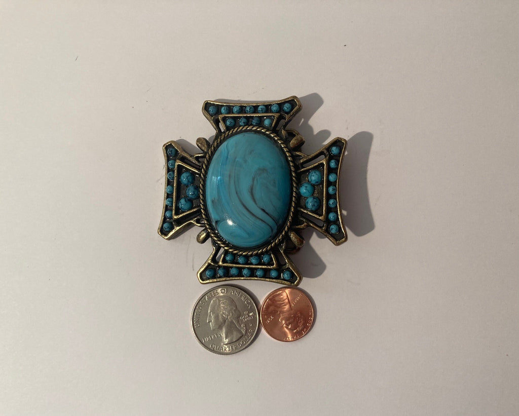 Vintage Metal Belt Buckle, Blue Turquoise, Country and Western, Heavy Duty, Quality, Clothing Accessory, Fashion, Collectible, Shelf Display