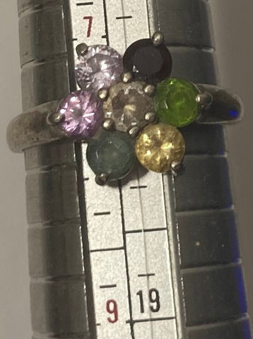 Vintage Sterling Silver Ring, 7 Nice Rainbow Colored Stones Design, Size 7 1/2, Nice Design, Quality, Jewelry, 0934, Accessory, Stamped 925