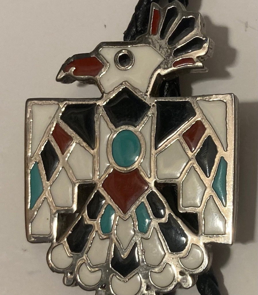 Vintage Metal Bolo Tie, Silver and Enamel Design, Native Design, Nice Western Design, 2 1/4" x 1 1/2", Quality, Heavy Duty