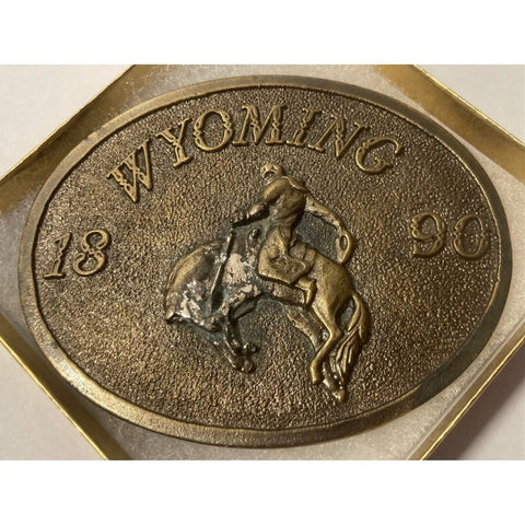 Vintage Metal Belt Buckle, Brass, Wyoming, 1890, Bronco Busting,