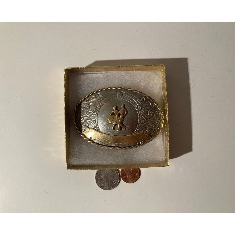 Vintage Metal Belt Buckle, Nickel Silver and Brass, Square Dancing, Rodeo