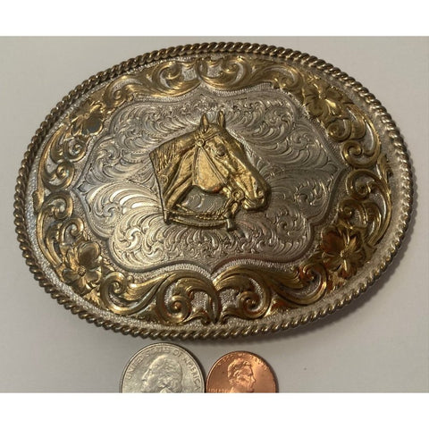 Vintage Metal Belt Buckle, Silver and Brass, Big Size, Nice Horse Head Design,