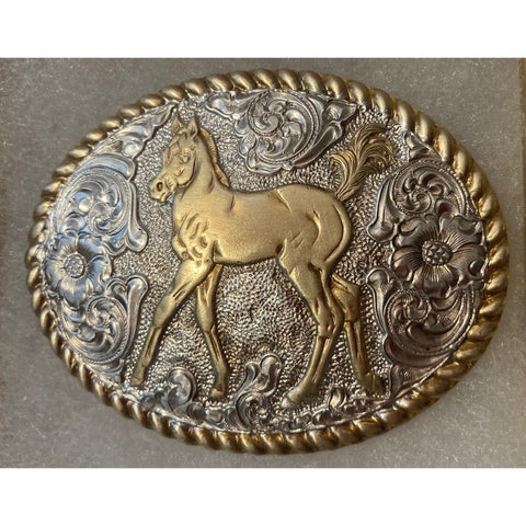 Vintage Metal Belt Buckle, Silver and Brass, Crumrine, Nice Horse, Pony, N